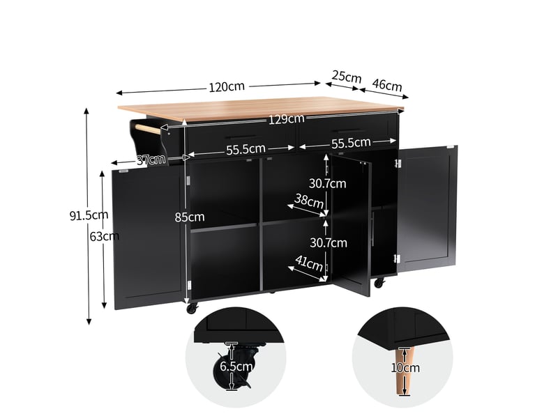  Desserte de cuisine noir et naturel 129 × 4671 × 91,5 cm en mdf, plateau rabattable, 2 tiroirs, rangements et 5 roulettes  - Conforama B