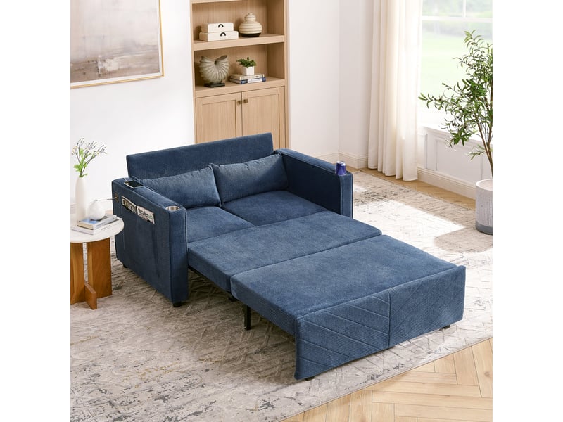 Canapé convertible 2 places bleu marine en tissu et bois, design minimaliste élégant avec chargeur usb intégré - Conforama B