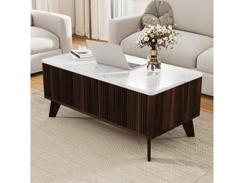 Table basse relevable – plateau marbre – rangement xxl – design scandinave – bois - Conforama E