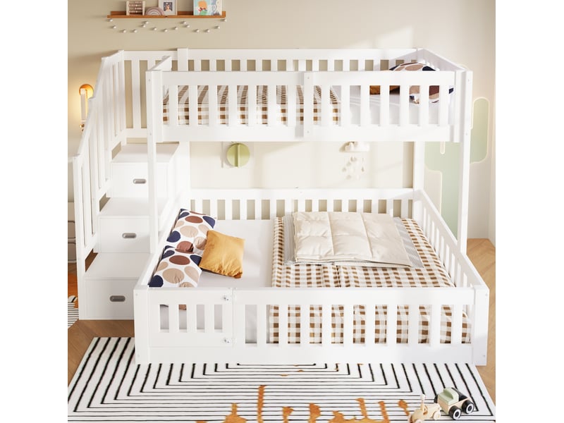  Lit superposé bas 90x200 cm et 140x200 cm avec escalier de rangement blanc  - Conforama B