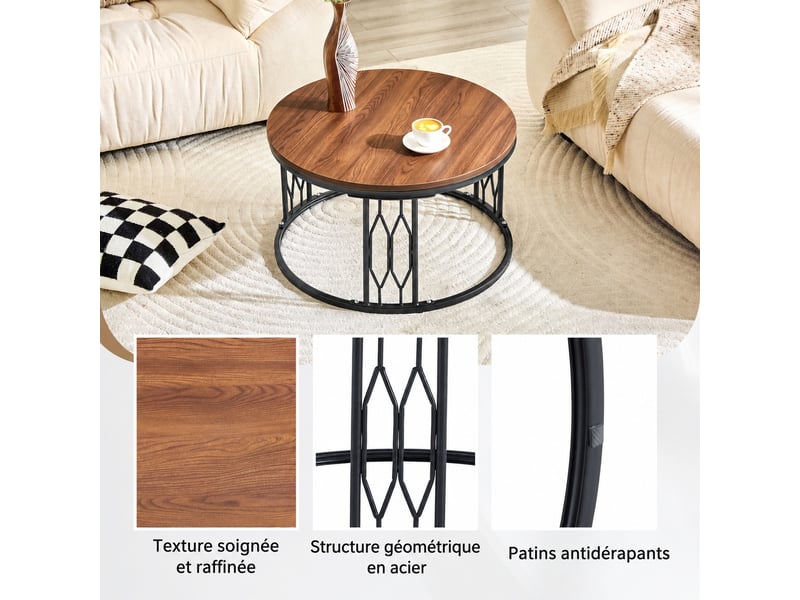  Table basse ronde 70 cm, table de salon moderne avec plateau en mdf effet noyer et structure en métal géométrique  - Conforama E