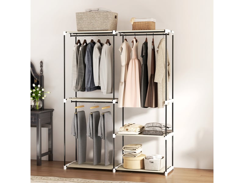  Armoire ouverte avec 4 étagères en tissu, 3 tringles à vêtements, structure métallique, 142 x 43 x 185 cm, crème  - Conforama D