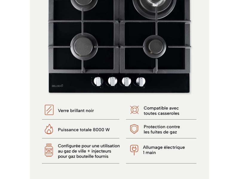  Beldeko - plaque de cuisson gaz verre noir 4 foyers - gaz ville et bouteille - grilles en fonte - 8000 watts  - Conforama D