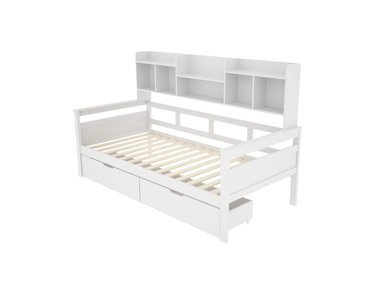 Lit 1 place 90x200cm, canapé lit avec compartiments, 2 tiroirs de rangement et sommier, mdf blanc, sans matelas - Conforama R