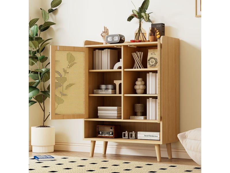 Meuble à chaussures 80x35x105 cm avec 2 portes effet cannage, 5 étagères, ouverture push-to-open et pieds bois - Chêne clair Fay Lum - Conforama B