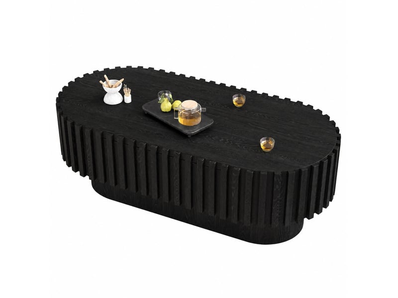  Table basse ovale avec 1 tiroir, décor à lamelles verticales, style moderne rustique, en mdf noir, 100 × 50 × 35,5 cm  - Conforama A