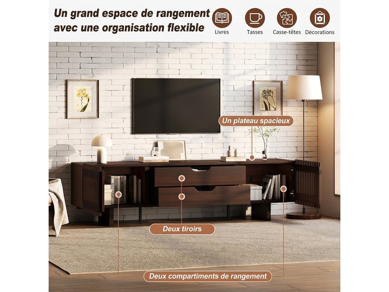  Meuble tv noyer 180 cm pour écran 75 pouces avec 2 tiroirs et portes persiennes  - Conforama E