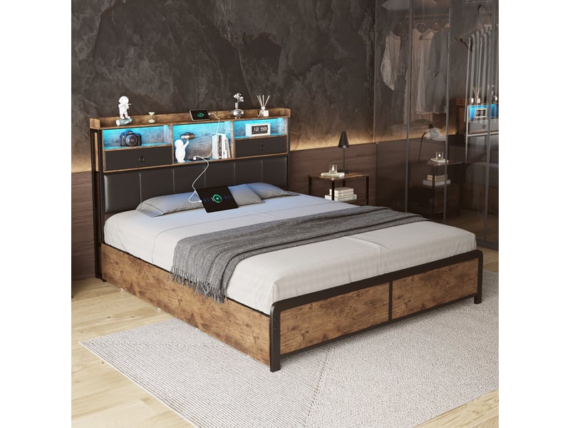  Lit double en fer et bois - 160x200 cm brun rustique et noir - led bleue - tiroirs de rangement - tête de lit avec étagères et prises  - Conforama D