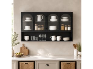 Armoire murale avec 4 portes en verre gris, rangement suspendu pour cuisine et salon, métal noir, 120×23×70 cm