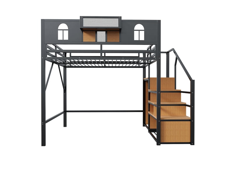 Lit mezzanine 140 x 200 cm, avec échelle et bande lumineuse, compartiments de rangement, structure métallique, noir  - Conforama A