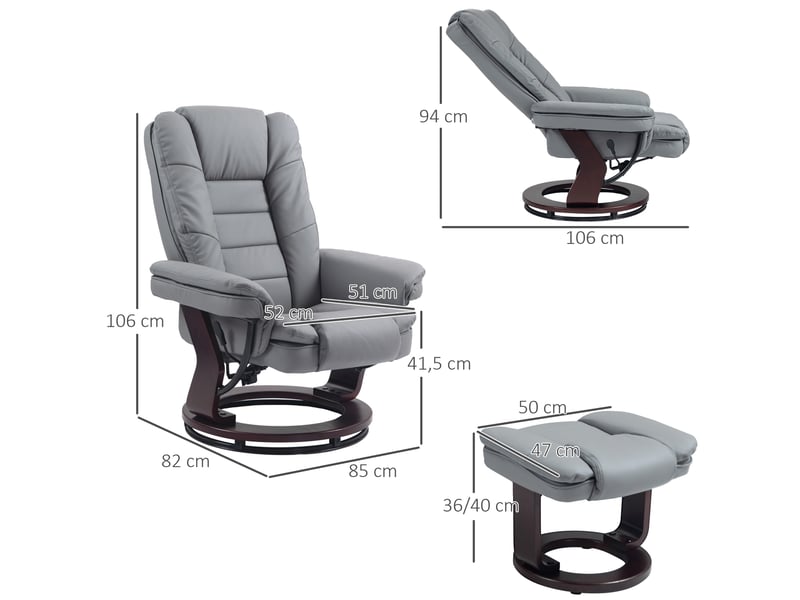  Fauteuil inclinable avec repose-pieds, pivotant, dossier inclinable, aspect cuir, jusqu'à 130 kg, gris  - Conforama E