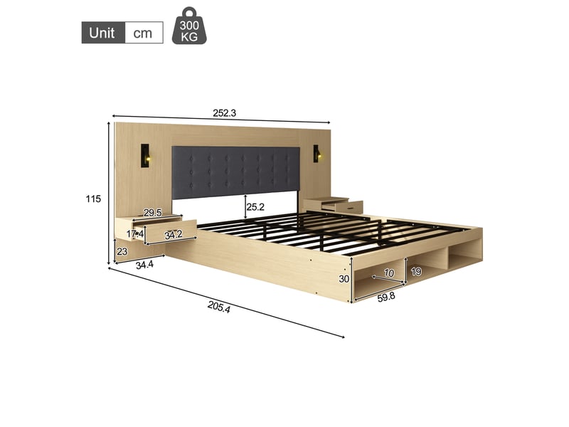  Lit double 180 x 200 cm, lit coffre, lit en bois, lit enfant, avec station de charge usb et type-c et lampe de lecture, avec 2 tables de chevet, coloris chêne clair  - Conforama C
