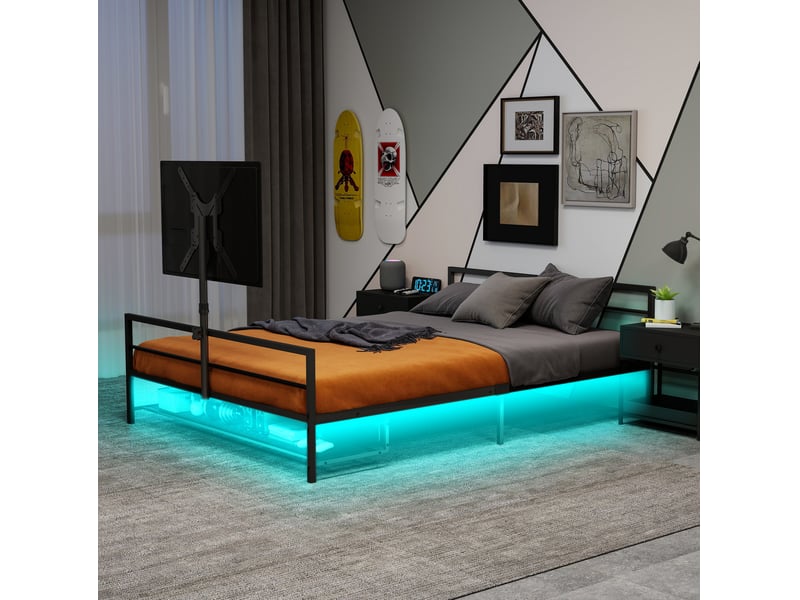  Lit simple 90x200 cm avec support écran orientable et éclairage led, structure en métal, couleur noir, sans matelas  - Conforama D