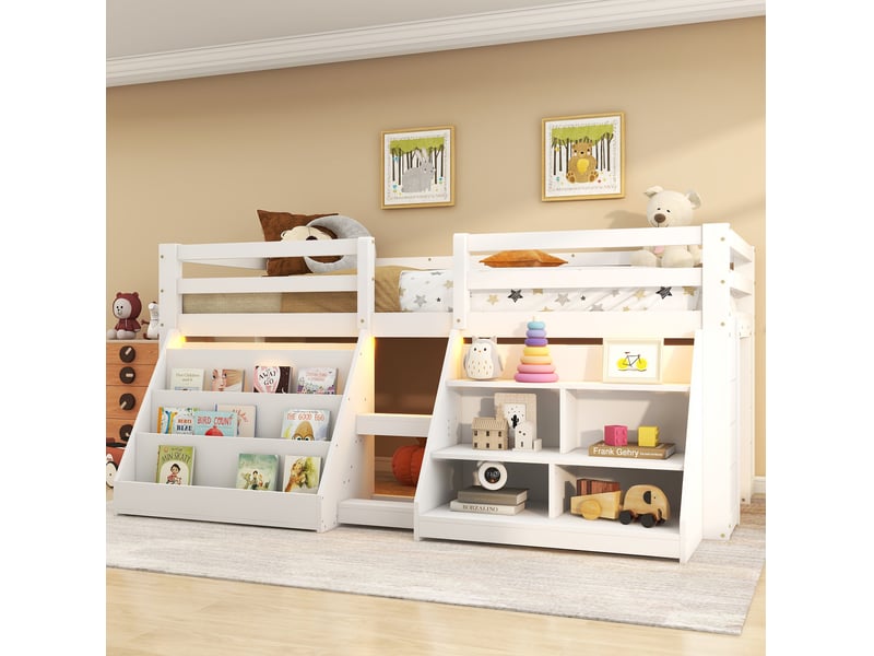  Elvmi lit mi-hauteur enfant 90x200 cm en pin et mdf blanc avec rangements ouverts, garde-corps de securite, echelle a marches et eclairage led controle par application avec minuterie et modes lumineux, style minimaliste pour cha…  - Conforama B