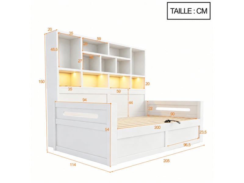  Lit coffre 1 place 90 x 200 cm en mdf avec 2 tiroirs, rangement hydraulique, led et prises, blanc, matelas non précisé  - Conforama D