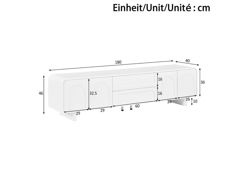  Meuble tv blanc, 2 tiroirs, rangement, gestion des câbles, fermeture douce, étagères réglables, plan relevable - 180x40x46cm - salon  - Conforama E