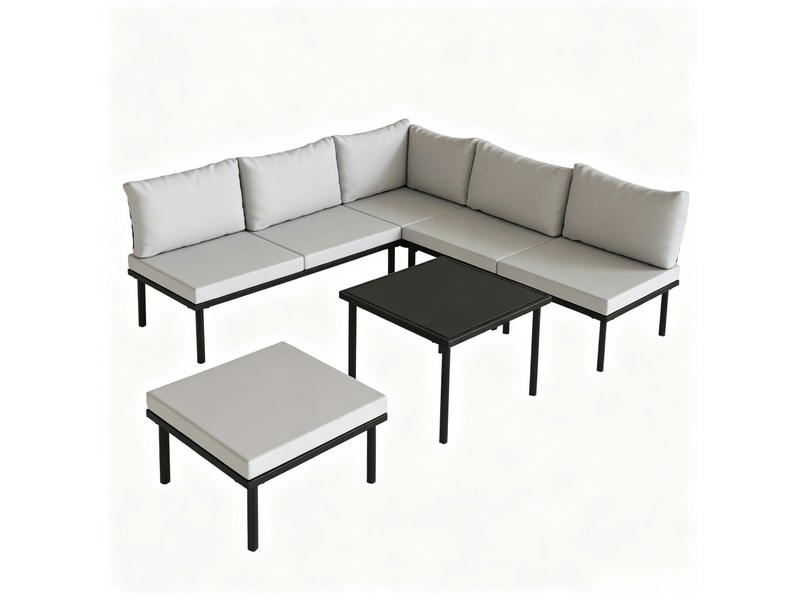  Salon de jardin modulable 6 pièces – noir et gris clair – table basse en verre trempé et coussins confortables  - Conforama A