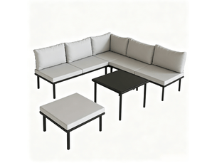 Salon de jardin modulable 6 pièces – noir et gris clair – table basse en verre trempé et coussins confortables