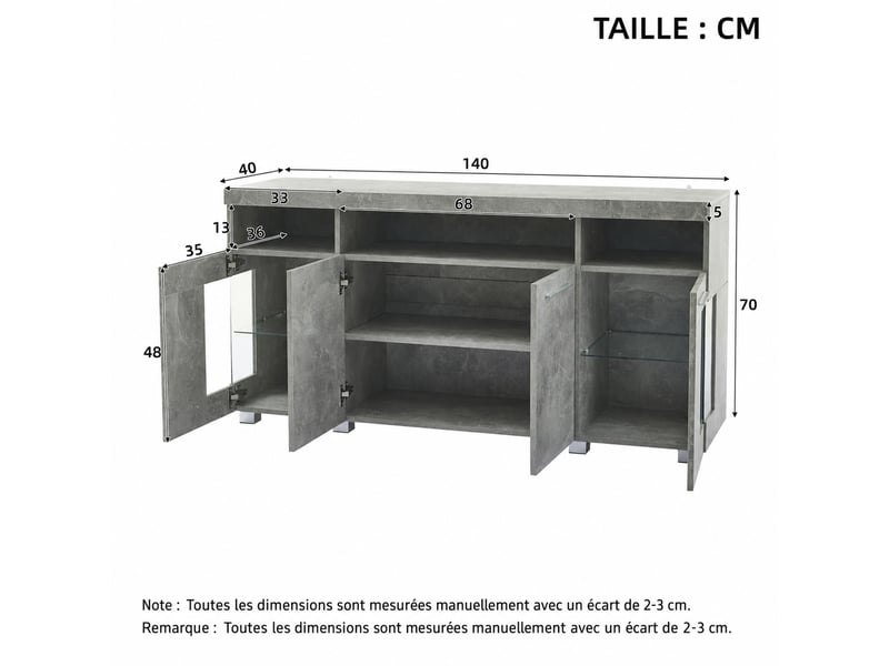  Buffet bas industriel gris ciment avec led et portes en verre trempé – 140 x 40 x 70 cm  - Conforama D