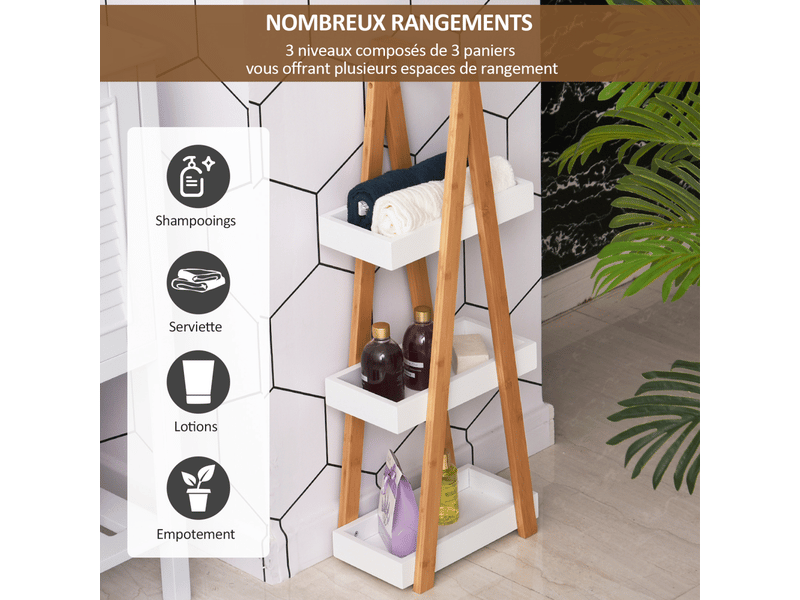 Etagère en bambou et bois de salle de bain étagère debout 3 paniers dim. 30l x 18l x 81h cm blanc - Conforama E