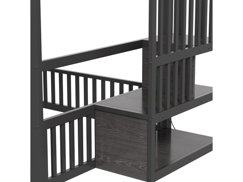  Lit superposé enfant 140x200 cm avec échelle de rangement, led, barrières de sécurité, gain de place, cadre métallique et mdf, noir Radiant Stride - Conforama E