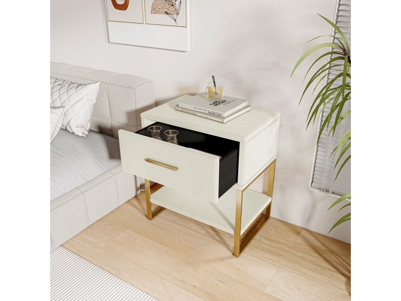 Lot de 2 tables de chevet en velours beige - 40x31x50 cm - piétement en métal doré - 1 tiroir et 1 étagère - design élégant et moderne - Conforama E