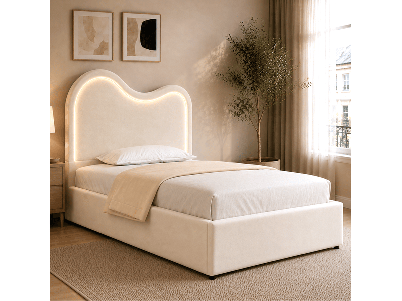  Lit coffre tcqpz enfant 90 x 200 cm velours beige tête de lit nuage bande lumineuse multicolore  - Conforama E