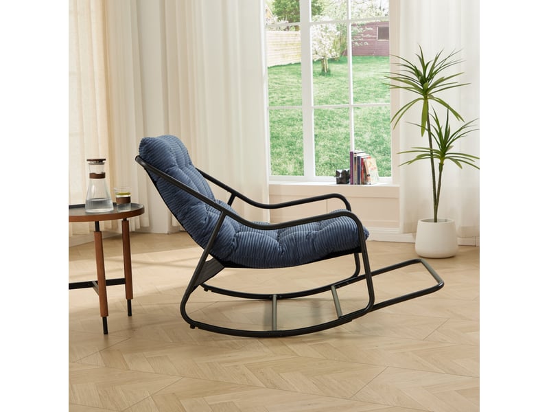  Fauteuil à bascule extérieur en acier noir avec coussin bleu marine  - Conforama D