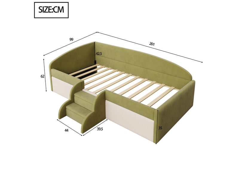  Lit banquette 90x190 cm en velours doux avec rangements barrières et marches vert foncé crème sans matelas  - Conforama C