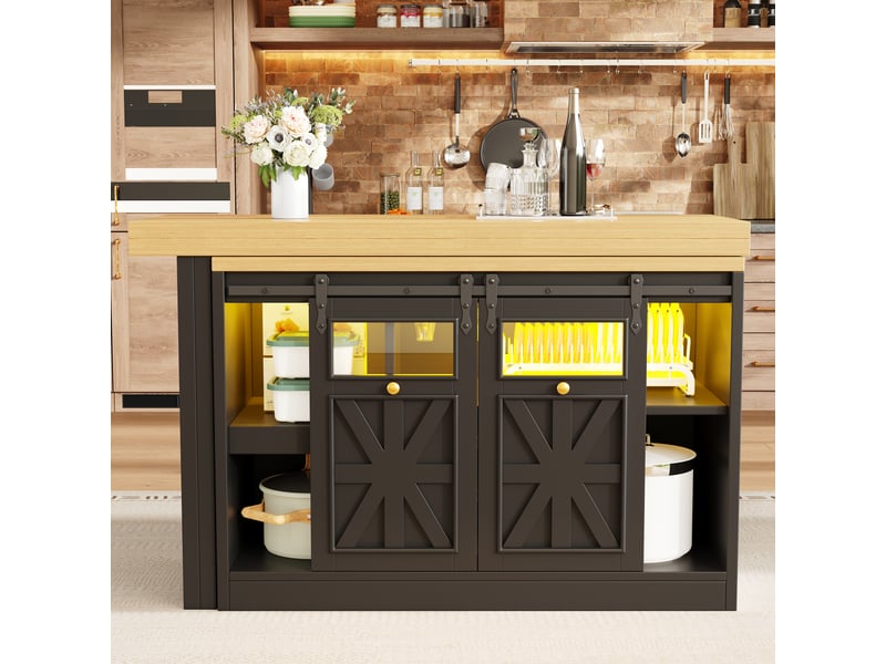  Îlot de cuisine extensible 120-197 x 40 x 72 cm, portes coulissantes vitrées et éclairage led rgb, noir, en mdf robuste  - Conforama D