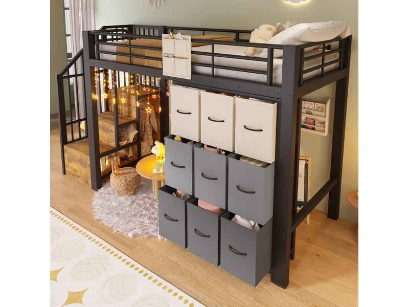  Lit mezzanine 90x200 cm avec rangement et penderie en métal et mdf noir  - Conforama D