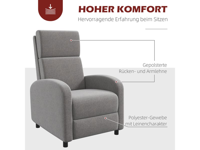  Fauteuil relax inclinable,64x86x102 cm,avec repose-pieds,tissu aspect lin,gris  - Conforama E