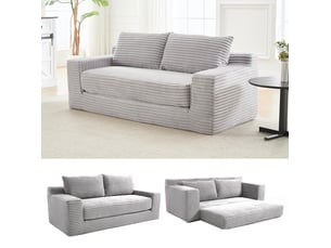Canapé convertible 2 places 180x85x62 cm avec mousse à mémoire, revêtement côtelé, gris clair