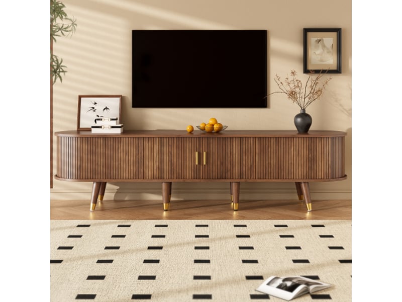  Meuble tv 175 cm en mdf aspect bois noyer avec porte coulissante en rotin, tiroirs et rangements ouverts, style campagne  - Conforama C