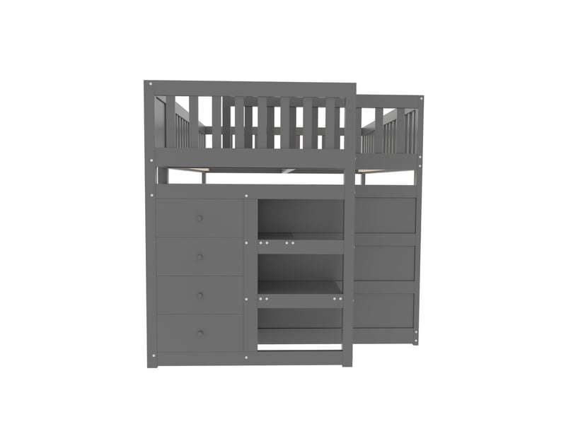  Lit superposé bas 140x200, lit enfant en bois gris avec barrière de sécurité haute. Lit superposé sécurisé avec escalier et tiroirs.  - Conforama E