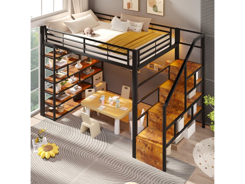  Lit mezzanine 140x200 cm, lit enfant, tiroirs, échelle sécurisée, barrière antichute, led, bois et métal noir  - Conforama E