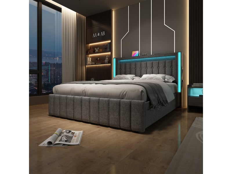 Lit double 160x200cm, éclairage led, 4 tiroirs, port de charge usb, type-c, design épuré, incluant un matelas, lin, gris - Conforama W