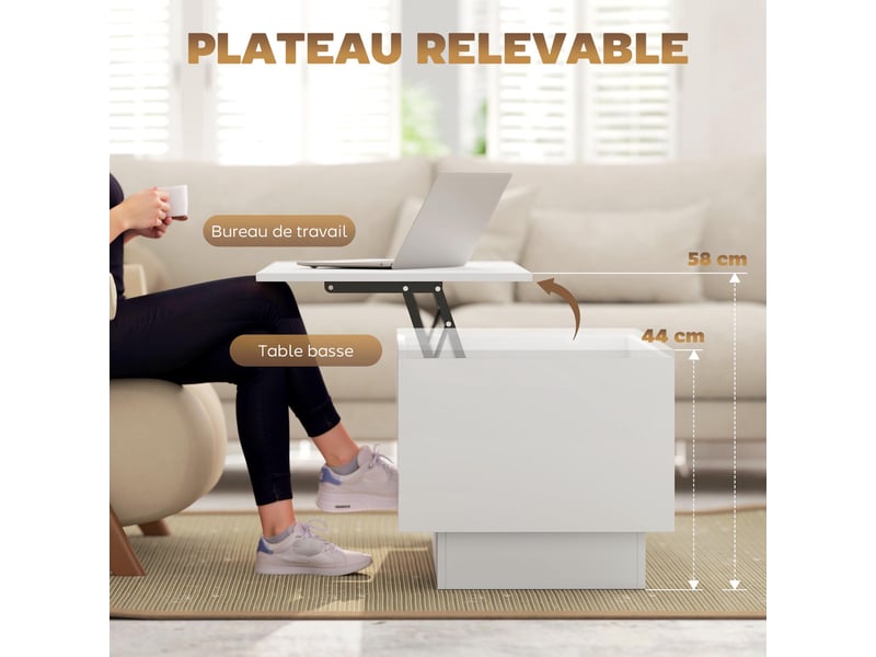  Table basse relevable, table de salon avec compartiment caché et 2 tiroirs, blanc, 100 x 50 x 44 cm  - Conforama D