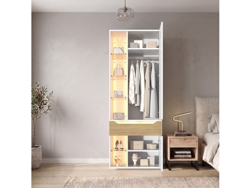  Armoire dressing tcqpz 75 x 50 x 200 cm avec vitrine en verre led, penderie, tiroir et 6 niches ouvertes, mdf blanc  - Conforama B