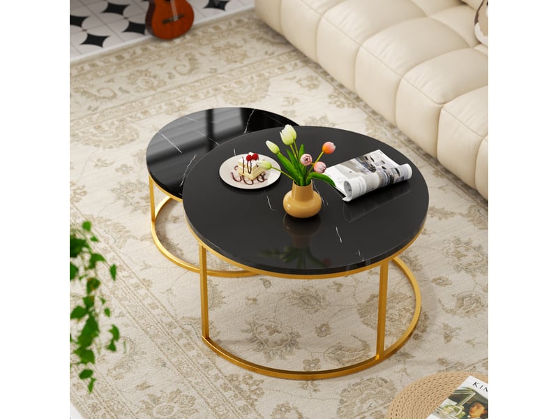  Lot de 2 tables basses noir et or avec plateau mdf finition marbre  - Conforama C