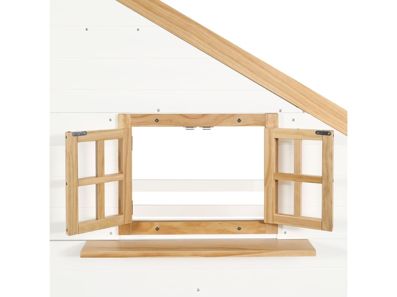  Lit superposé 90 x 200 cm structure en pin et mdf escalier à rangements rangement sous le lit design petite maison fenêtre intégrée finition blanc et naturel  - Conforama D