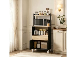 Buffet de cuisine noir 60 cm avec tiroir et étagère, meuble micro-ondes