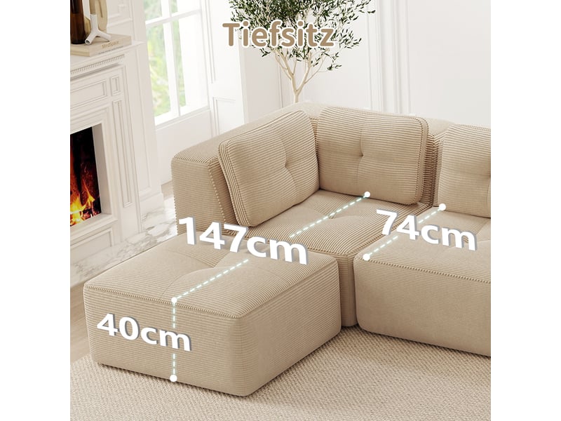  Canapé d’angle modulable 2 places velours côtelé beige – 208 x 177 x 69 cm Fay Lum - Conforama D