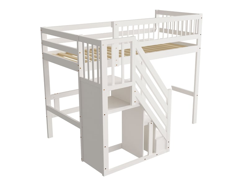 Lit mezzanine en bois massif avec escalier de rangement, lit enfant 90x200 blanc, cadre robuste et sécurisé pour chambre ado - Conforama C