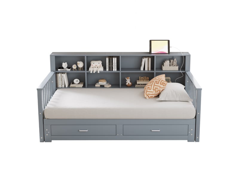  Canapé-lit extensible 90x190 cm en bois massif gris – 2 tiroirs, station de charge, sommier à lattes  - Conforama A