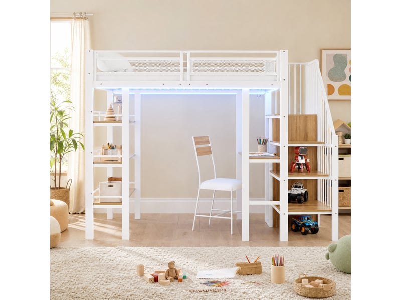 Lit mezzanine 90x200 cm avec bureau et rangements en métal blanc  - Conforama D