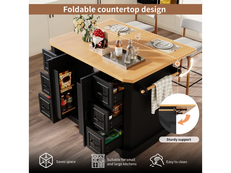  Îlot de cuisine avec 2 portes, 6 tiroirs et 5 roulettes - lpospi - avec freins et rangements - mdf et métal - noir  - Conforama E