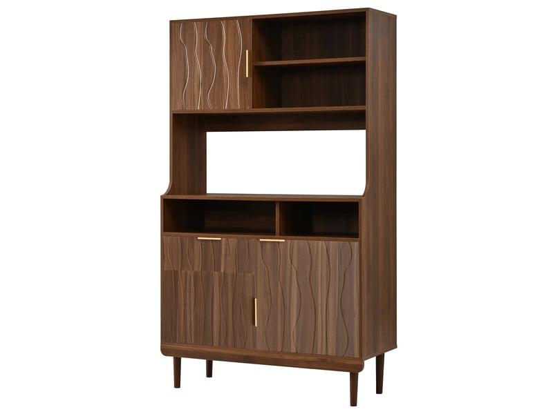  Buffet haut avec tiroir, étagères ouvertes et rangements fermés, en mdf et panneaux de particules, 100×32×170 cm, noyer  - Conforama E