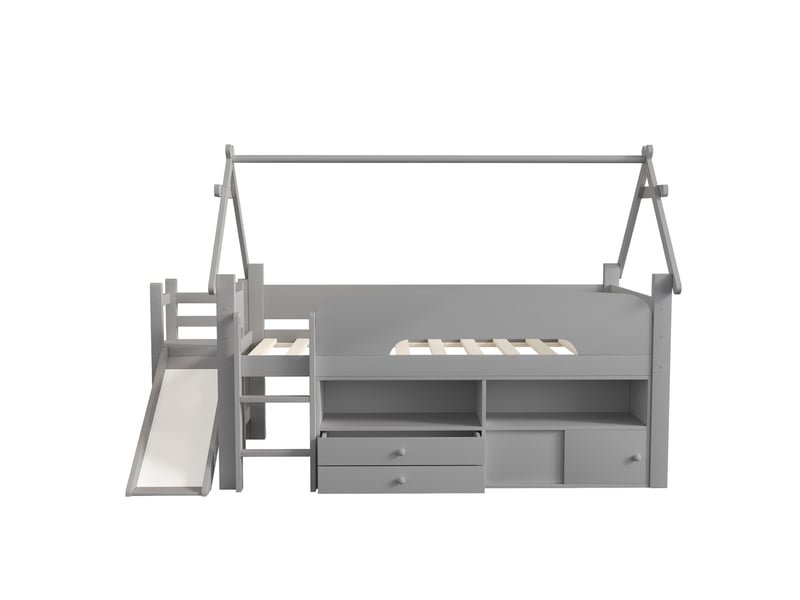  Lit mezzanine enfant bois massif gris 90x200 cm, toit, toboggan, tiroirs et espace de jeu  - Conforama A