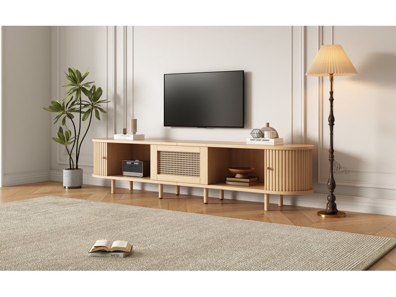 Meuble tv 180 cm pour écran jusqu'à 75 pouces, 2 portes coulissantes, tiroir rotin, bois clair - Conforama D